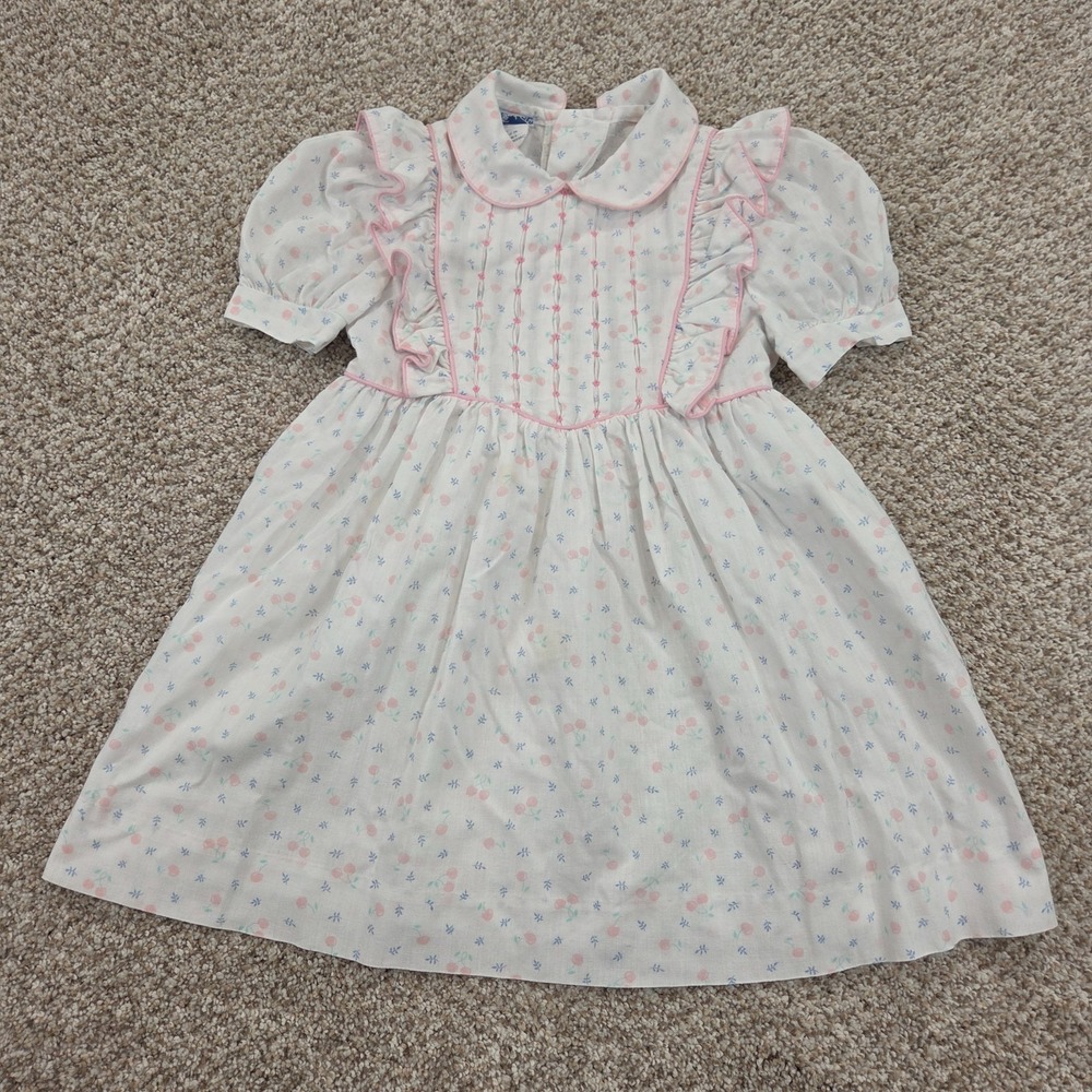 Girl's Vintage Polly Flinders Dress Smocked Puff Sleeve Ruffle Church Bow Size 5